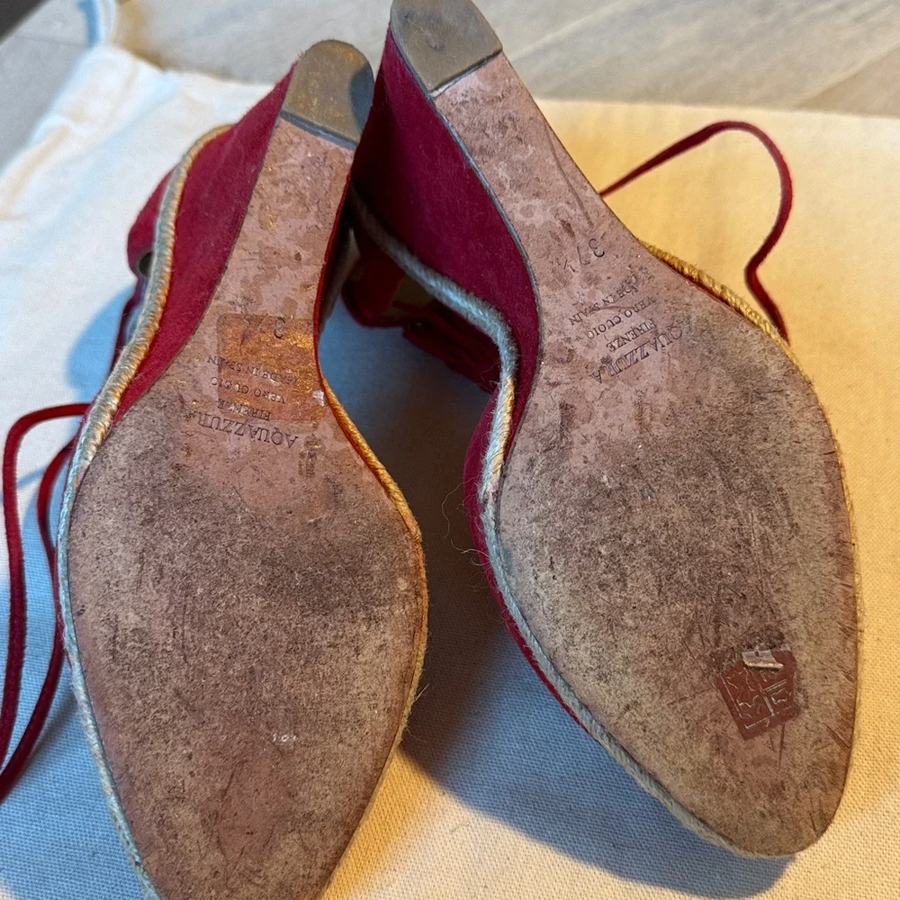 AQUAZZURA Sunshine Pompom Red Suede Wedge Sandal Espadrille US 7/7.5 / EU 37.5 - Picture 10 of 10